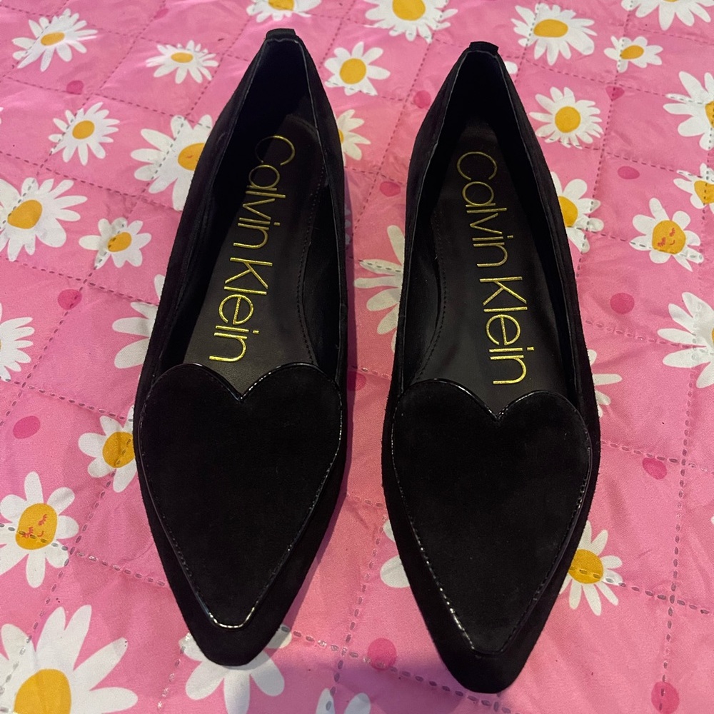 Calvin Klein Black Suede/Patent Heart-shaped Flats